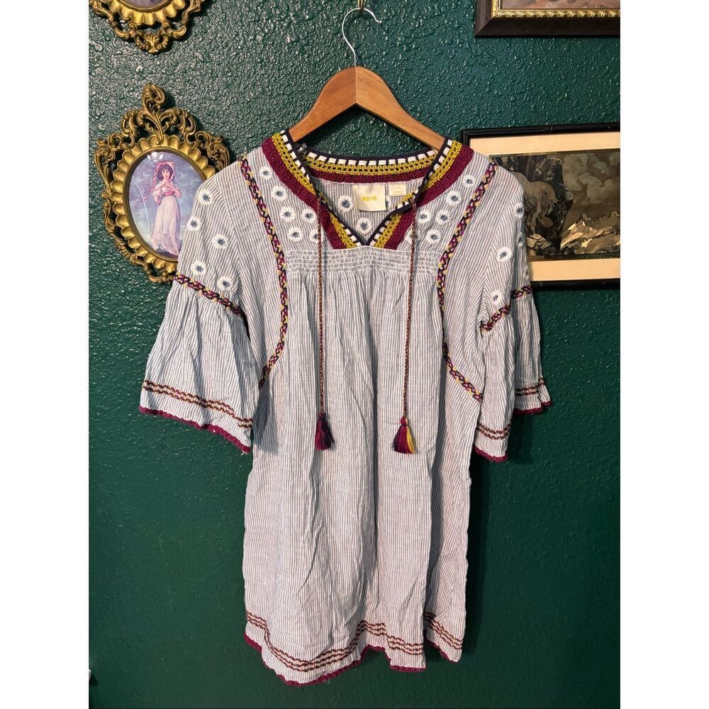 Anthropologie Maeve Blue Striped Yarn Embellished Dress Short Flare Sleeves Sz X